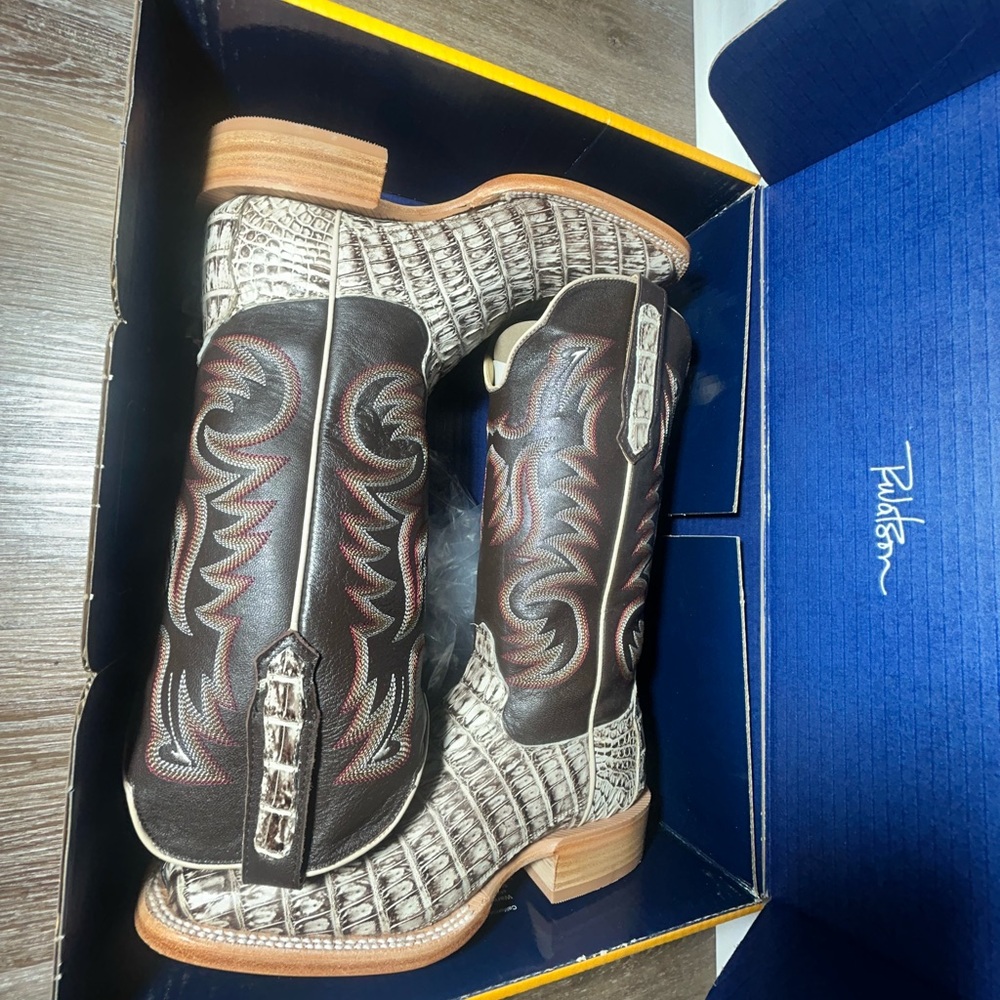 Exotic Western Cowboy Boots, R. Watson Caiman vamp with cowhide top. Brand new